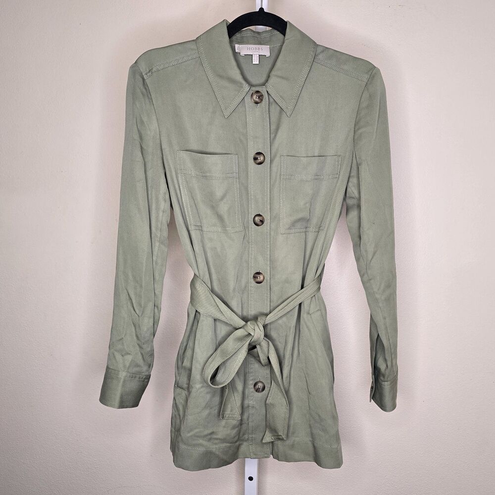 Hobbs London US 4 Sage Green Utility Style Jacket Belted Front Button Closure